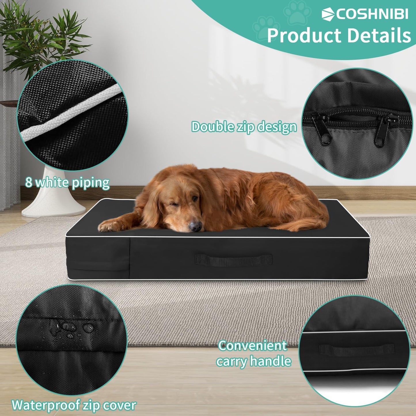 COSHNIBI Dog Bed Cover, 48Lx36Wx4H Inch Waterproof Dog Bed Cover with Zip and Carry Handle, Removable Washable Replacement Dog Bed Cover Cover Cover, Black (Bed Cover Only)
