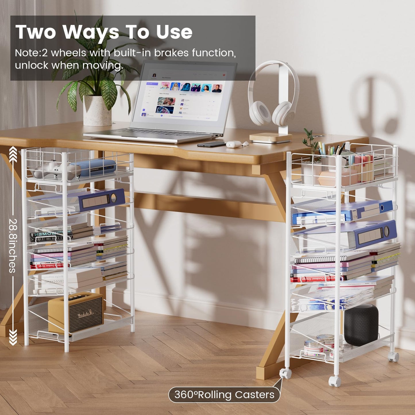 Rolling File Cart with Wheels,Shrivee 6 Tier Metal Rolling File Organizer Cart Beside Desk,Mobile Book Carts with Wheels for Office Home School Teacher Classroom Paper Letter Organization,White