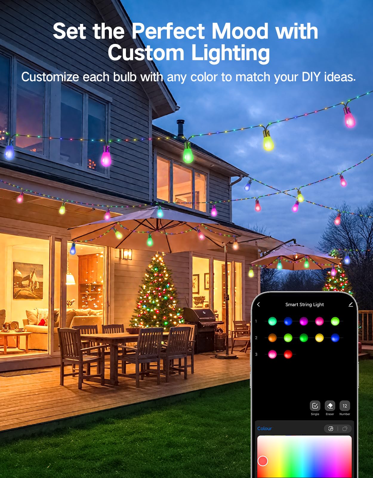 OUTON Outdoor String Lights, 46FT Smart AI RGB Patio Lights with Individual Bulb Control, APP Remote Voice Control, Works with Alexa and Google Assistant, IP65 Waterproof, Dimmable for Backyard Party