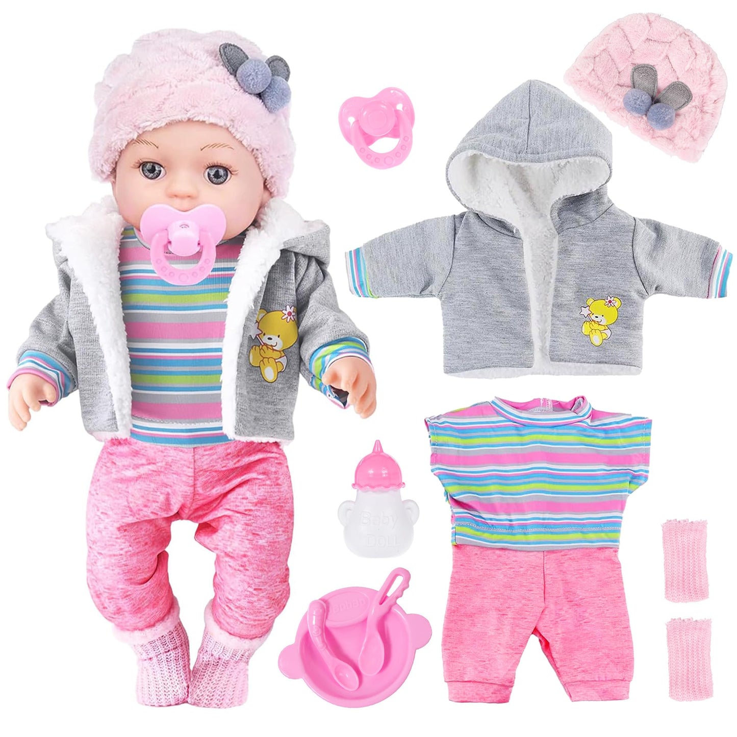 ebuddy 12 Inch Baby Doll - 12" Lifelike Baby Doll with 3-Piece Outfits, 4 Accessories & Feeding Playset - Realistic Rosy Cheeks & Blue Eyes, for Kids