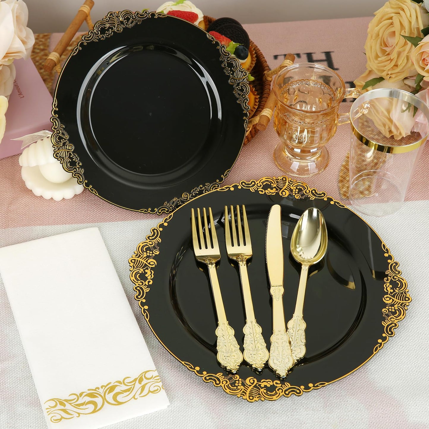 175PCS Black Plastic Plates Gold and Black Plates Heavy Duty Gold Plastic Dinnerware for 25 Guests with Gold Silverware Cups, Napkins for Parties & Birthday