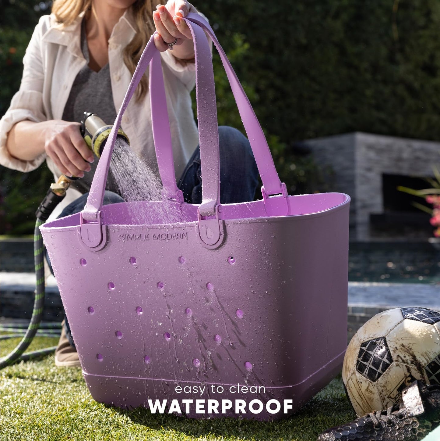 Simple Modern Beach Bag Rubber Tote | Waterproof Medium Tote Bag with Zipper Pocket for Beach, Pool Boat, Groceries, Sports | Getaway Bag Collection | Cream