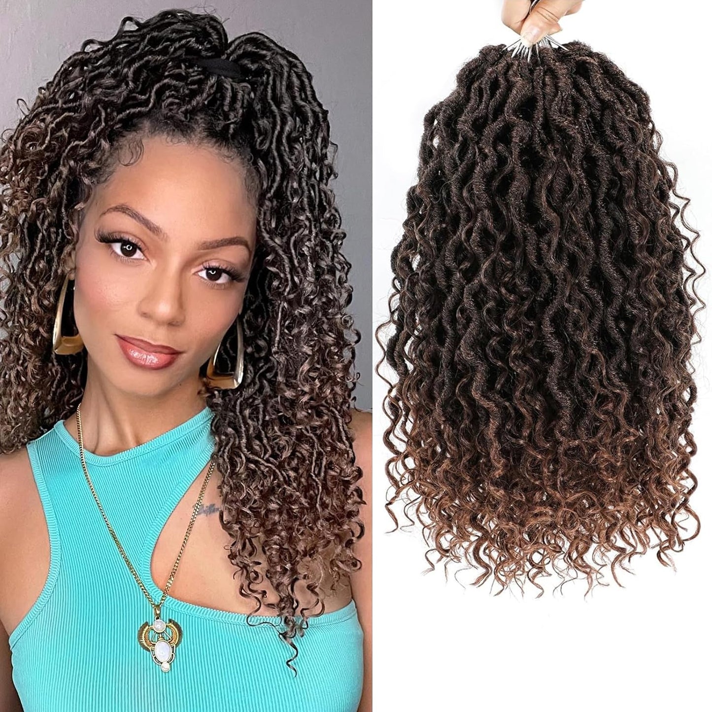 AMLUCKS 8 Packs Goddess Locs Crochet Hair Pre-Looped Boho Faux Locs Messy River Bohemian Crochet Hair for Black Women with Curly Ends (T30#, 14inch)