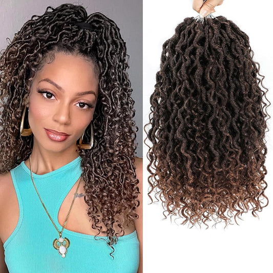 AMLUCKS 8 Packs Goddess Locs Crochet Hair Pre-Looped Boho Faux Locs Messy River Bohemian Crochet Hair for Black Women with Curly Ends (T30#, 14inch)