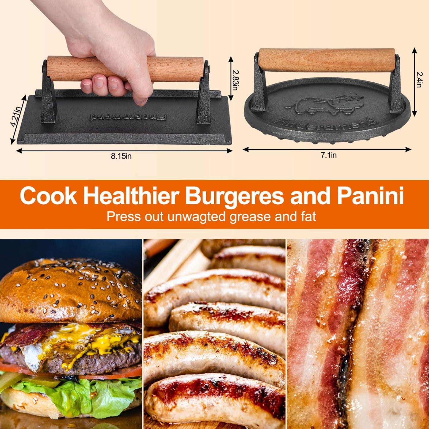 Finderomend 2 Pack Hamburger Press,Cast Iron Grill Press,Heavy Duty Smash Meat,Bacon,Steak & Burger Press with Wooden Handle (Round & Rectangular)