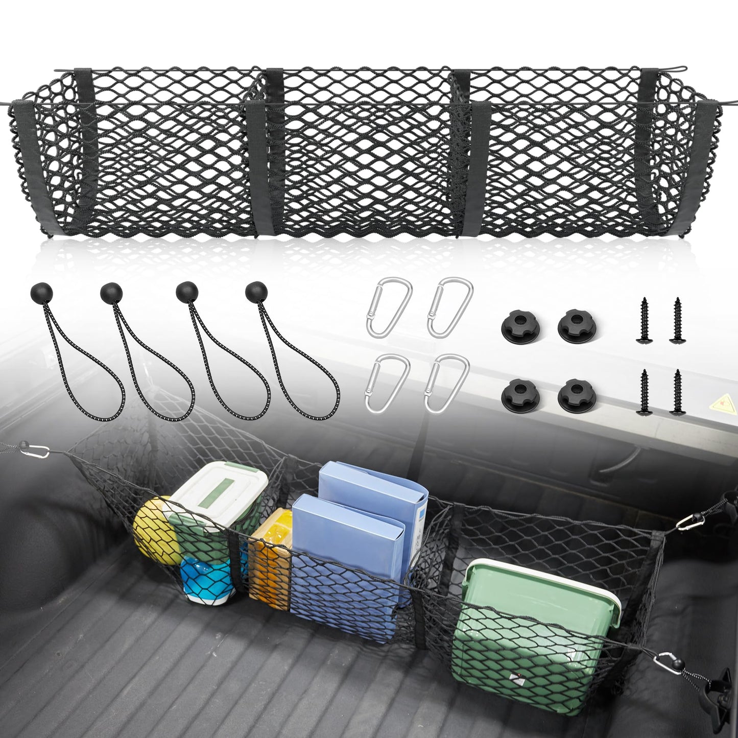RED WOLF 3 Pockets Cargo Net for Pickup Trunk Ford Dodge Chevy GMC Trunk Bed Storage Organizer Stretchable Rear Cargo Storage Mesh Netting (47.2X 11.8X 11.8 Inch)