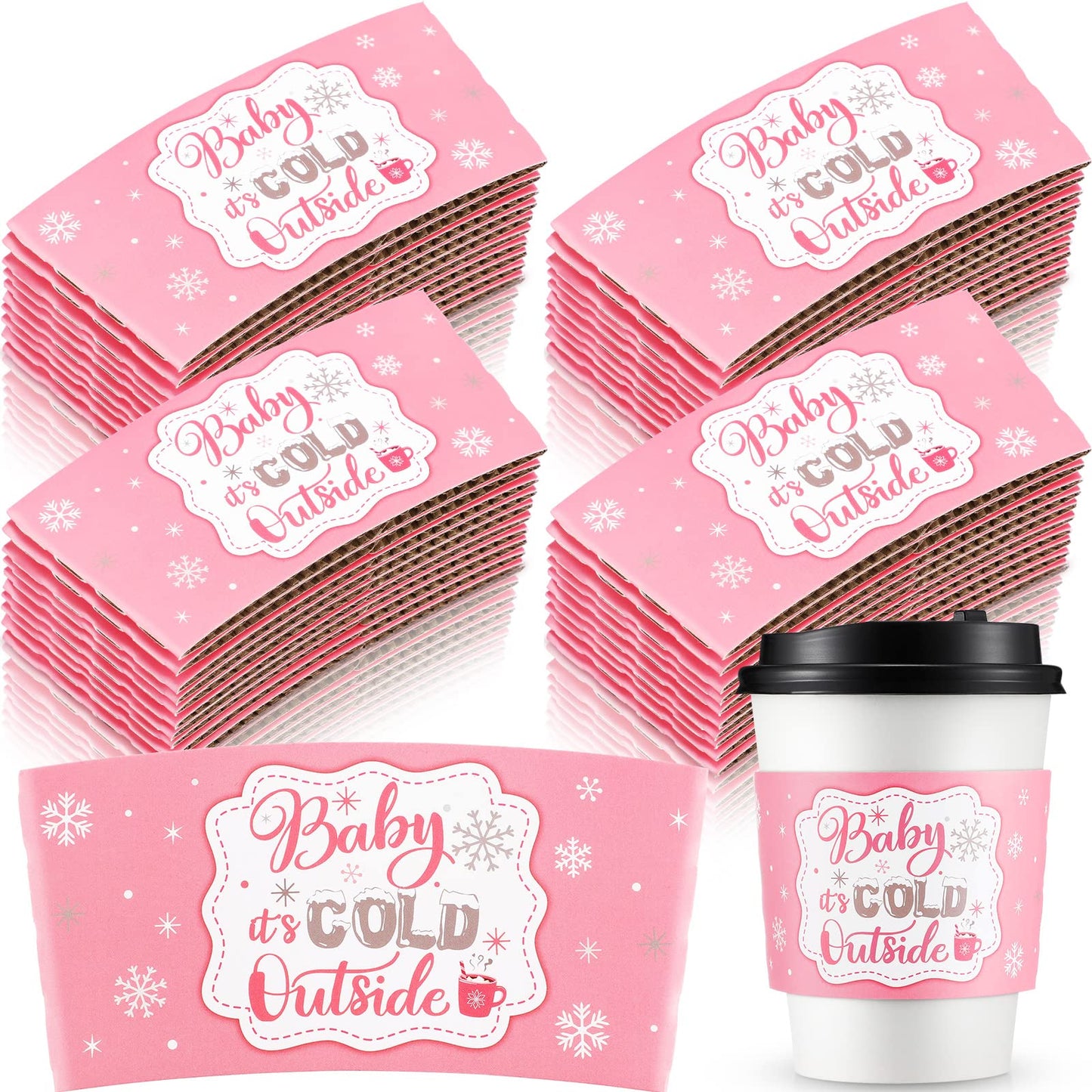 Yexiya 60 Pieces Christmas Baby It's Cold Outside Cup Sleeves Coffee Tea Fits 12oz 16oz Disposable Paper Cup Sleeves for Hot Chocolate Cocoa Beverage Xmas Party Supplies(Pink Silver)