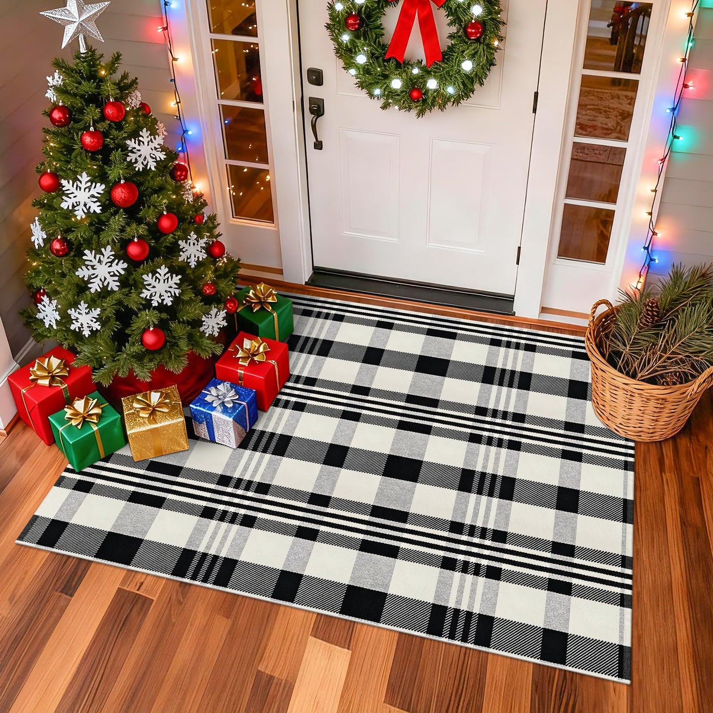 Fixseed Buffalo Plaid Checkered Rug 4'x6' Front Door Mat Outdoor,Black and Beige Cotton Washable Front Porch Rug Layered Doormats for Living Room Dining Room Bedroom Farmhouse