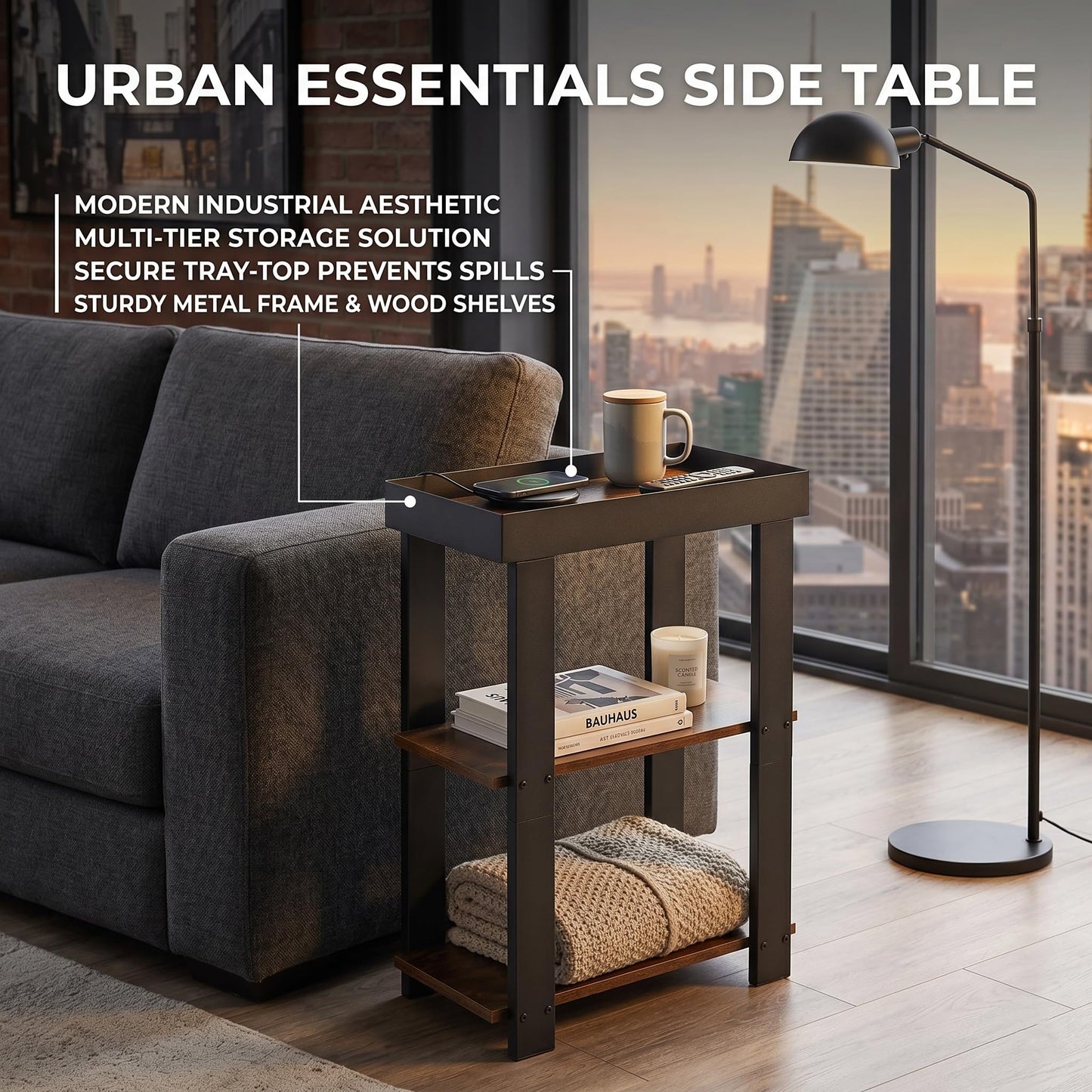ZEXVIDA Narrow Side Table, 3-Tier Side Table, Rustic Farmhouse Narrow End Table with Storage, Slim Table Nightstand for Small Spaces, Bedroom or Living Room (Rustic Brown)