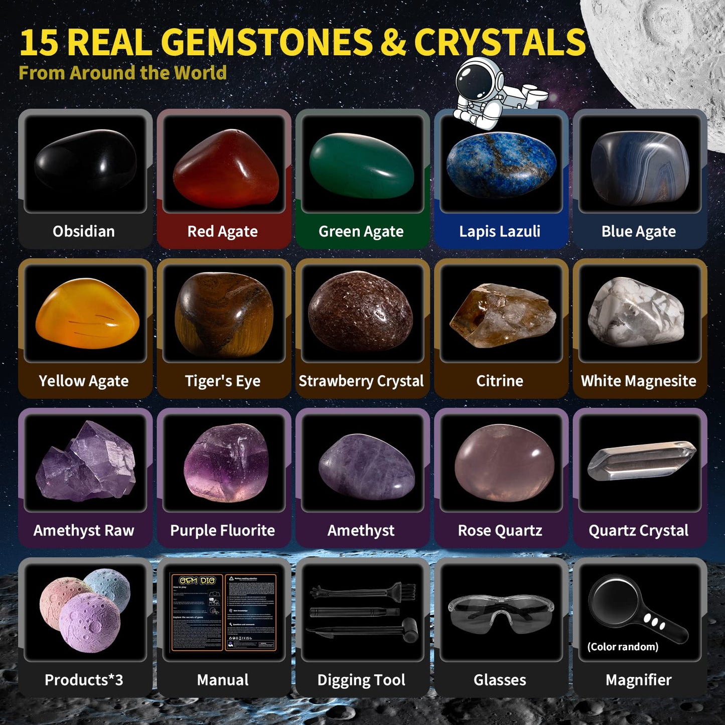 Gemstones Dig Kit, Solar System Science Kit for Kids, Excavate 15 Real Gems, STEM Educational Space Toys Moon Planet Collection Kit, Archaeology Geology Science Projects Gift for Boys & Girls Age 6+