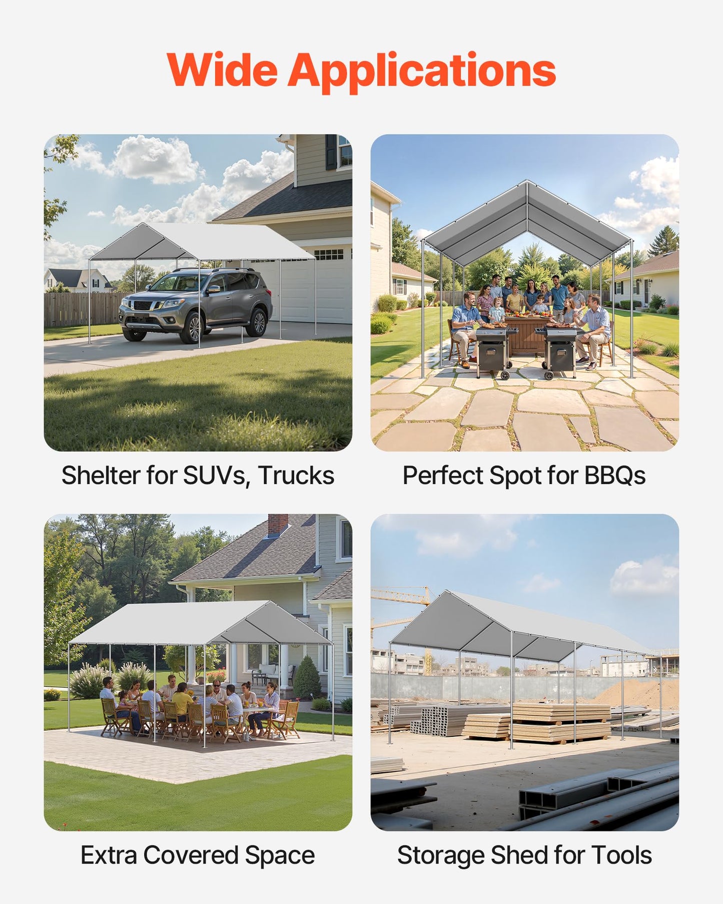 VEVOR Carport Replacement Canopy, 10 x 20 ft Potable Garage Tent Top Tarp, UV-Resistant & Waterproof Car Shelter Tarp, Heavy Duty Car Port Cover with Ball Buggees, Grey, Frame Not Included
