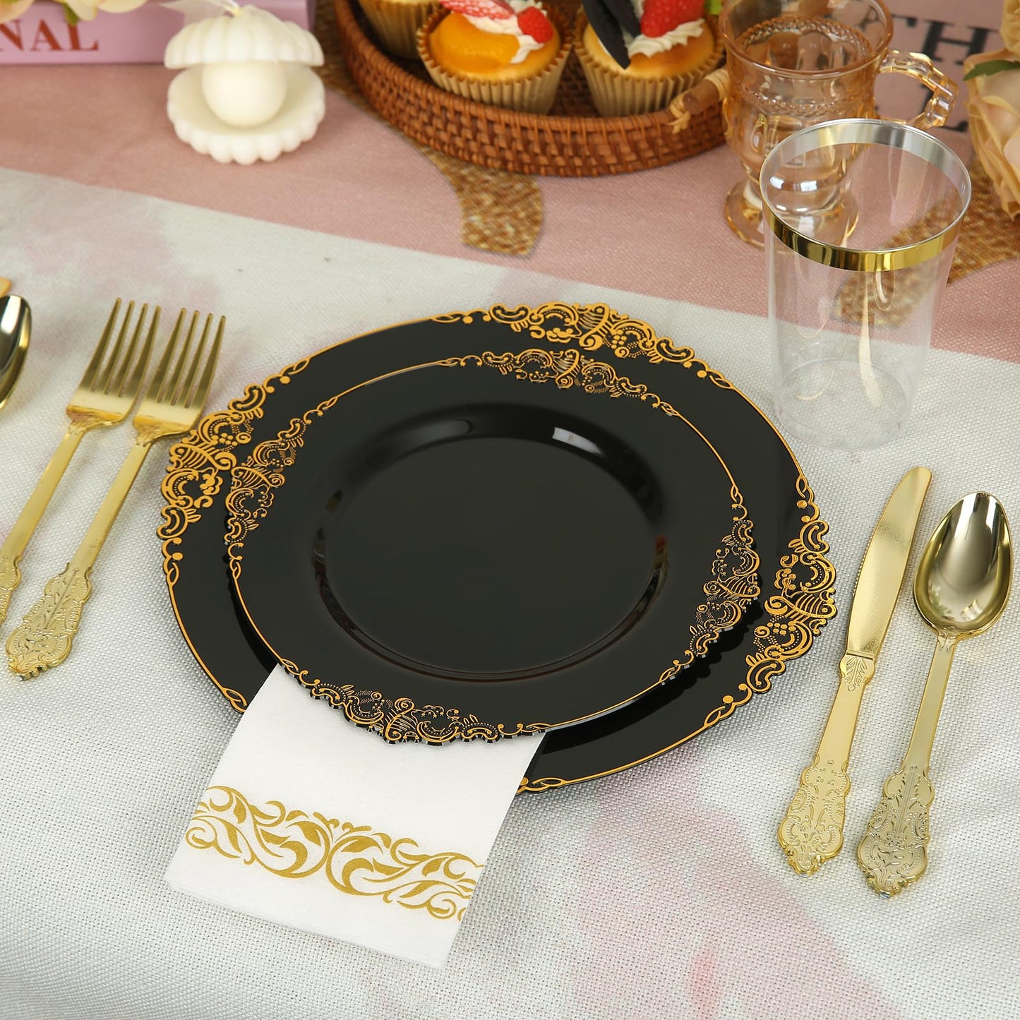 175PCS Black Plastic Plates Gold and Black Plates Heavy Duty Gold Plastic Dinnerware for 25 Guests with Gold Silverware Cups, Napkins for Parties & Birthday