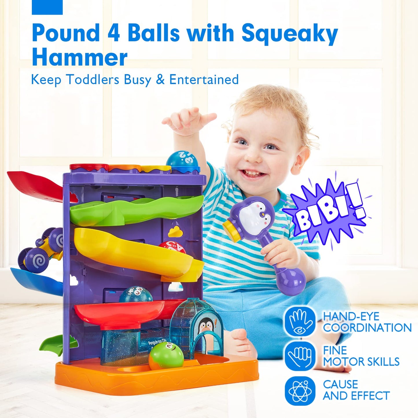 hahaland 2 in 1 Baby Toys 12-18 Months Development - Toddler Toys for 1 2 Year Old Boys Girls, Montessori Pound a Ball Hammer Toy, Toddler Car Ramp Toy for 1 2 Year Old Boy Girl Gifts 12M+