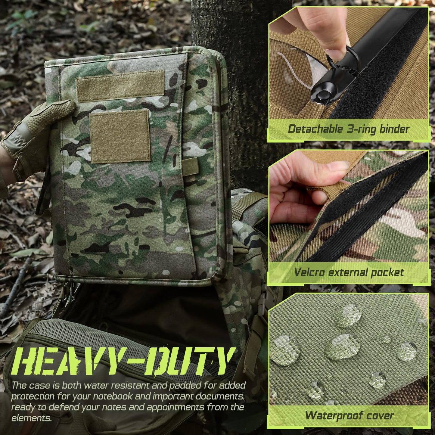 LIVANS Tactical Notebook Portfolio Padfolio Ring Binder with Zipper Army Military Notebook Planner Contains 25 Sheets A4 Letter Paper and Detachable 3-Ring Binder Multi-Storage Handle Bag for Out-work