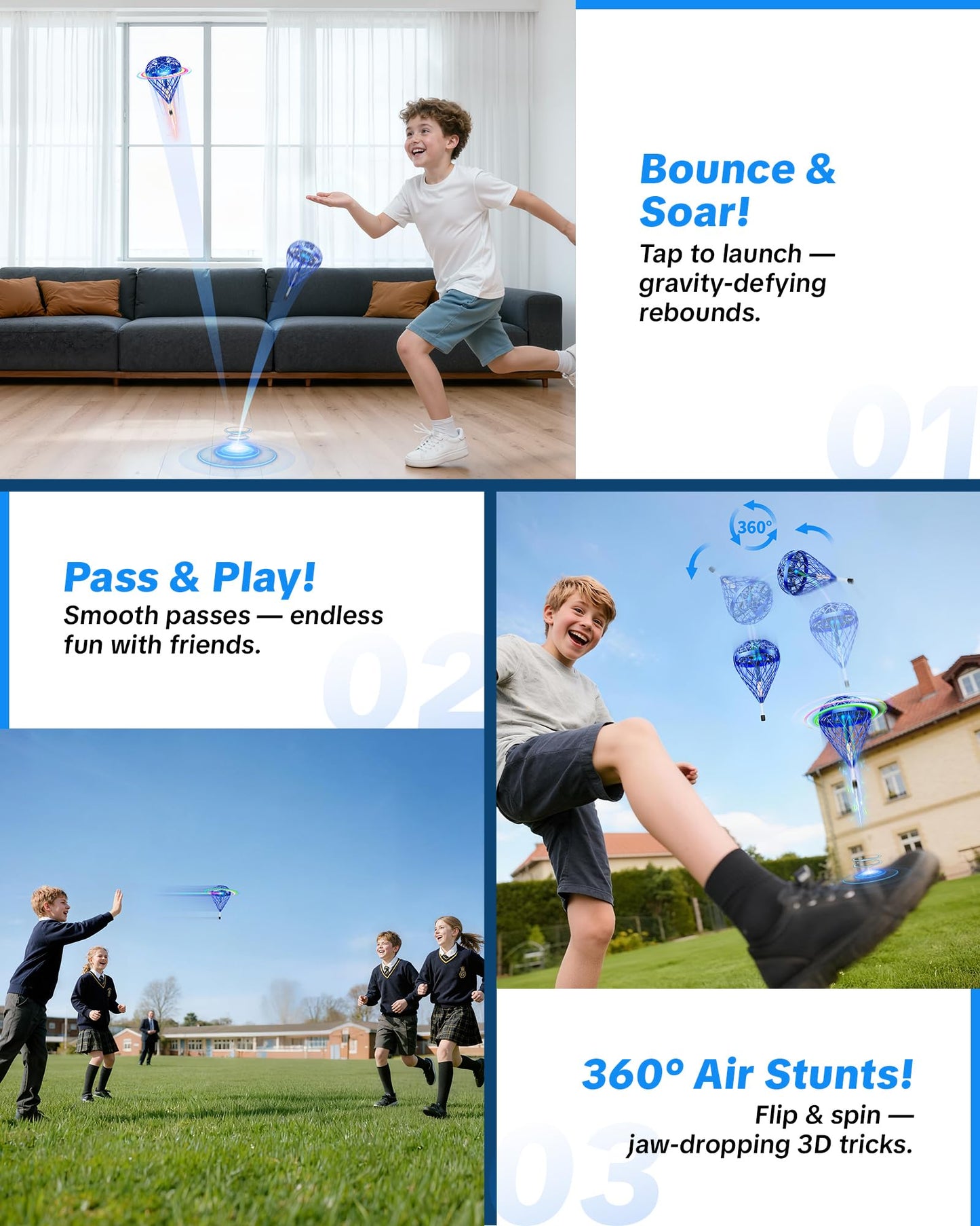 Flystars Flying Bouncing Toys, Next-Gen Pro 2025 Cosmic Globe Flying Orb Ball Motion-Control Hover Spinner with 3D Flips, Cool Interactive Gift Toy for Kids 6+ Boys Girls Teens (Blue)