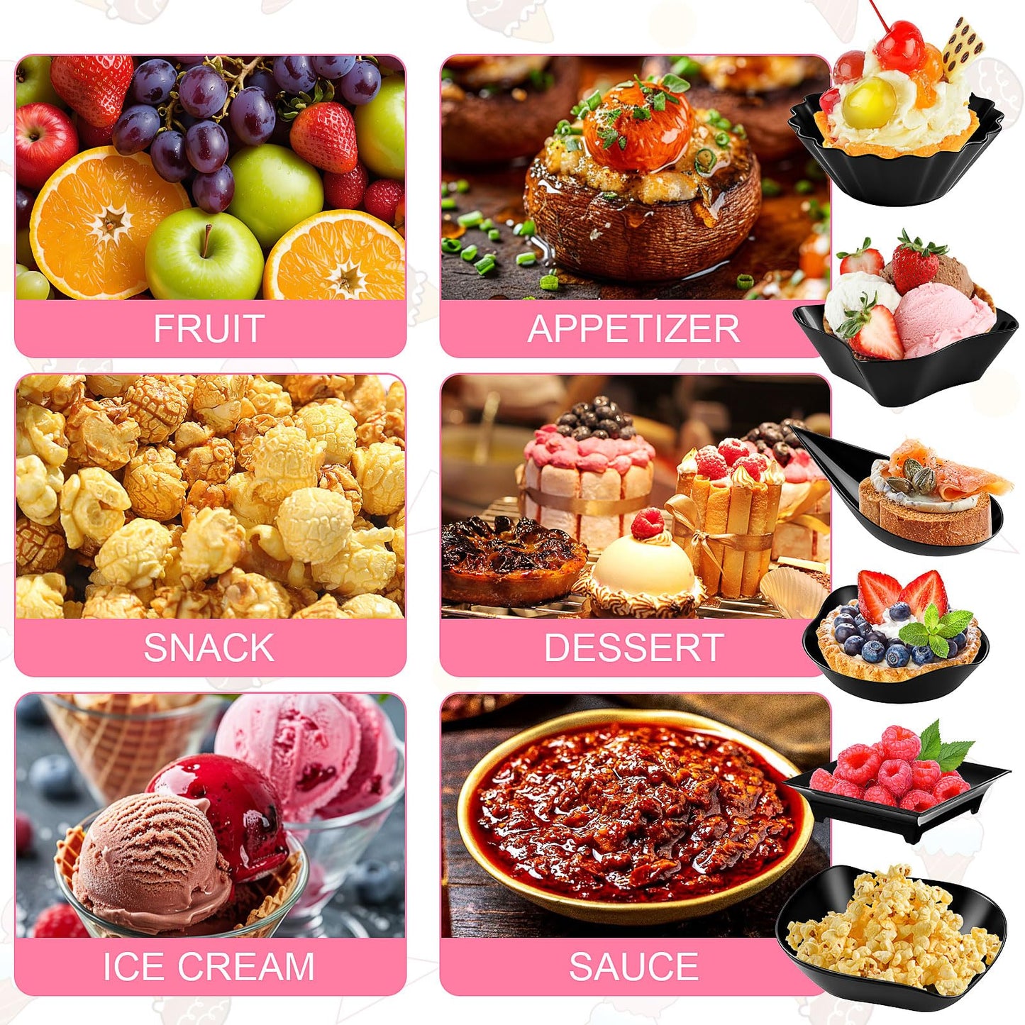 600 Pcs Mini Disposable Appetizer Plates Set, 6 Shapes Plastic Dessert Cups and Spoons, Forks for Parties, Weddings, Buffets, Mousse, Ice Cream, Snacks (Transparent)