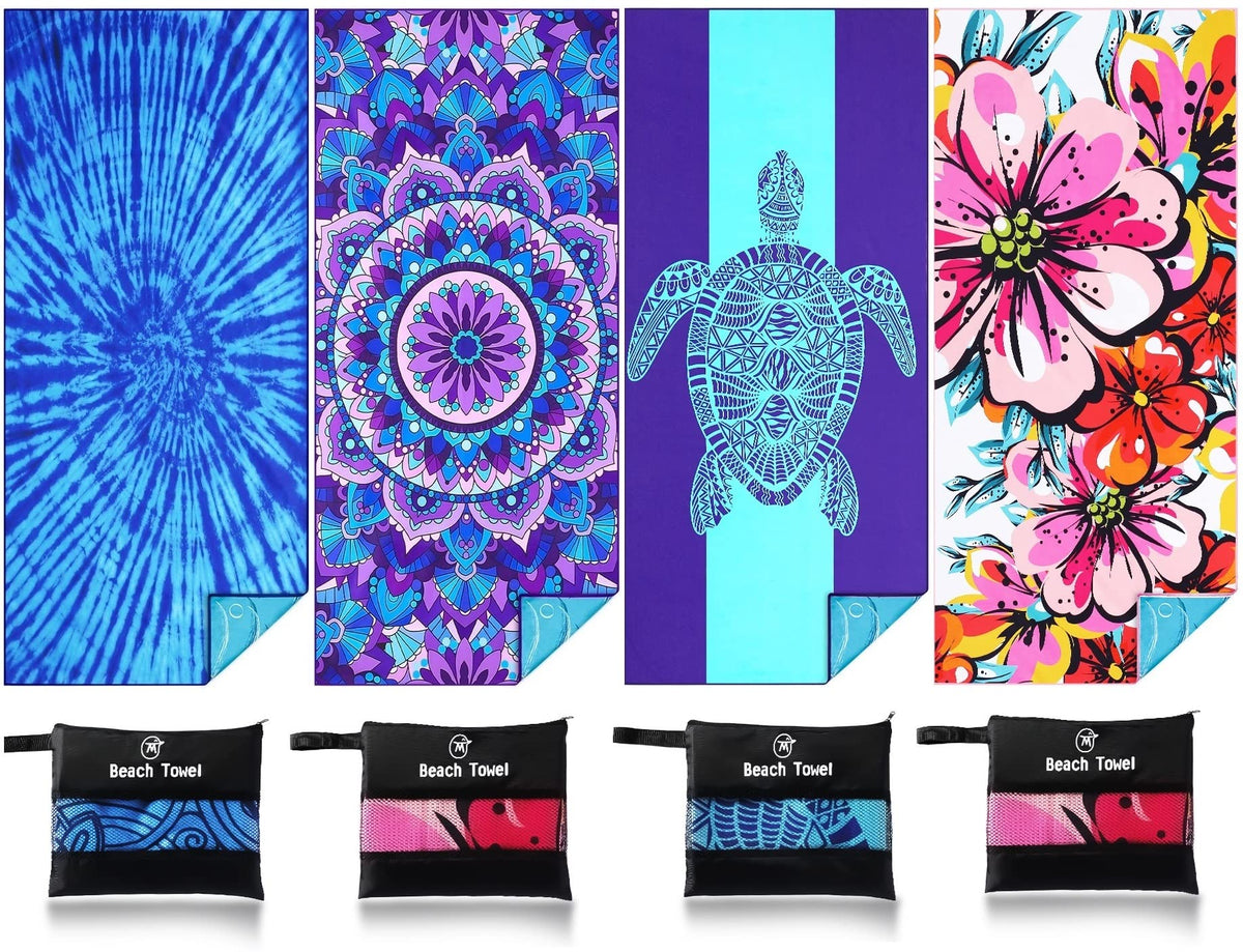 4 Pack Lightweight Thin Beach Towel Oversized 71"x32" Big Extra Large Microfiber Sand Free Towels for Adult Quick Dry Travel Camping Beach Accessories Vacation Gift Mandala Flower Blue Turtle Tie Dye