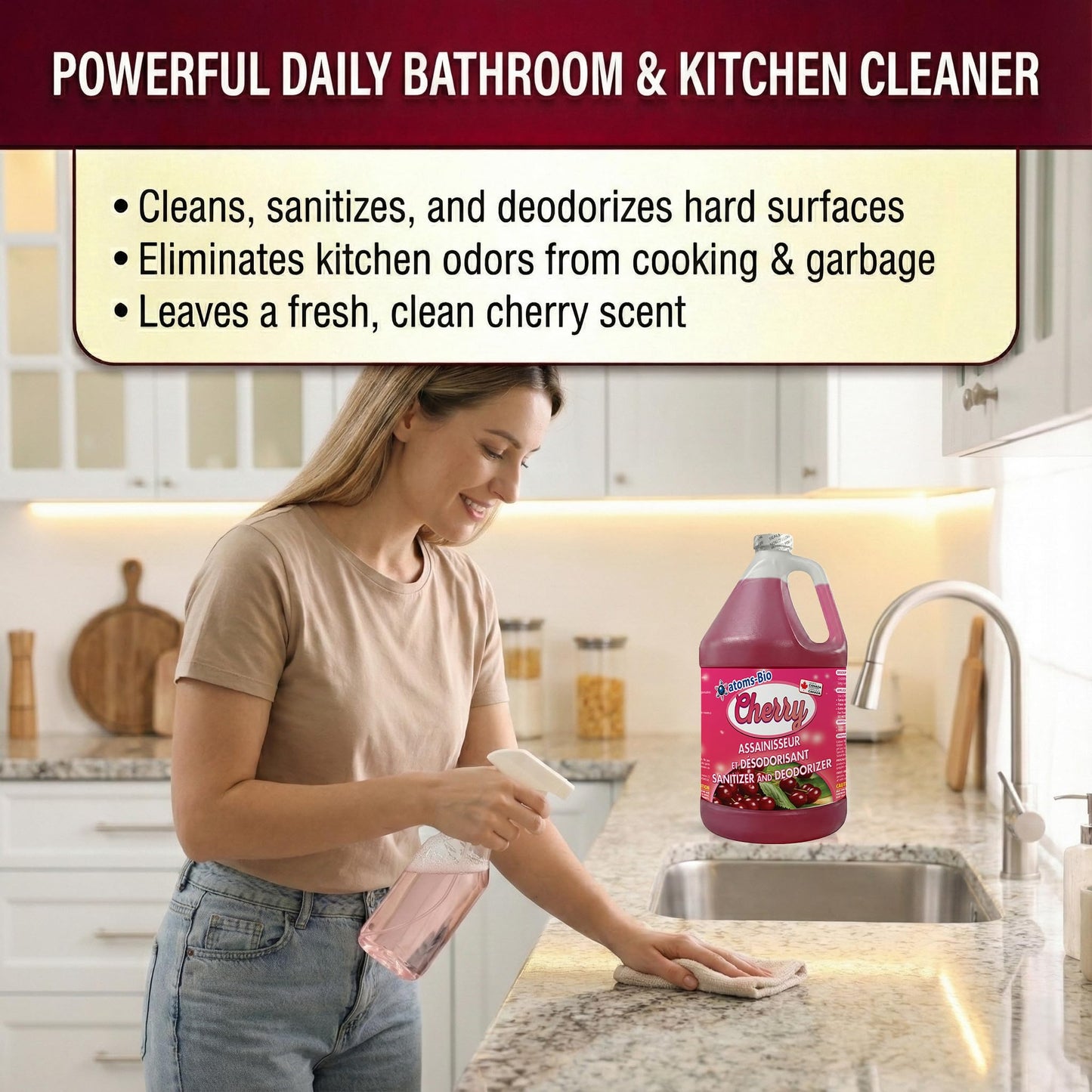 atoms-Bio CHERRY 3-in-1 Odor Eliminator & Sanitizer Concentrate – Industrial Cleaner & Deodorizer for Floors, Carpets, Bathrooms, Drains, Garbage, Pet Odors - CFIA Accepted - 3.78 L -Made in Canada