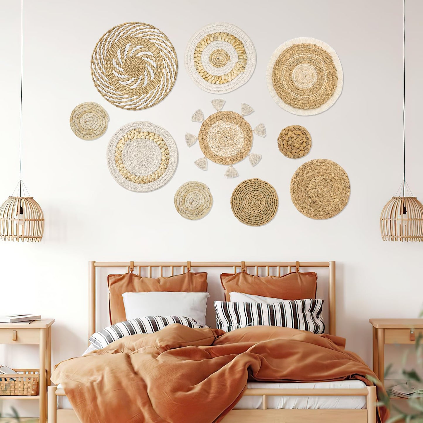 LOMOHOO Set of 10 Boho Wall Basket Decor Wicker Woven Wall Basket Decorations Bohemian Handcrafted Round Basket Hanging decor Bulrush Wall Art Decors for Living Room Rustic Home