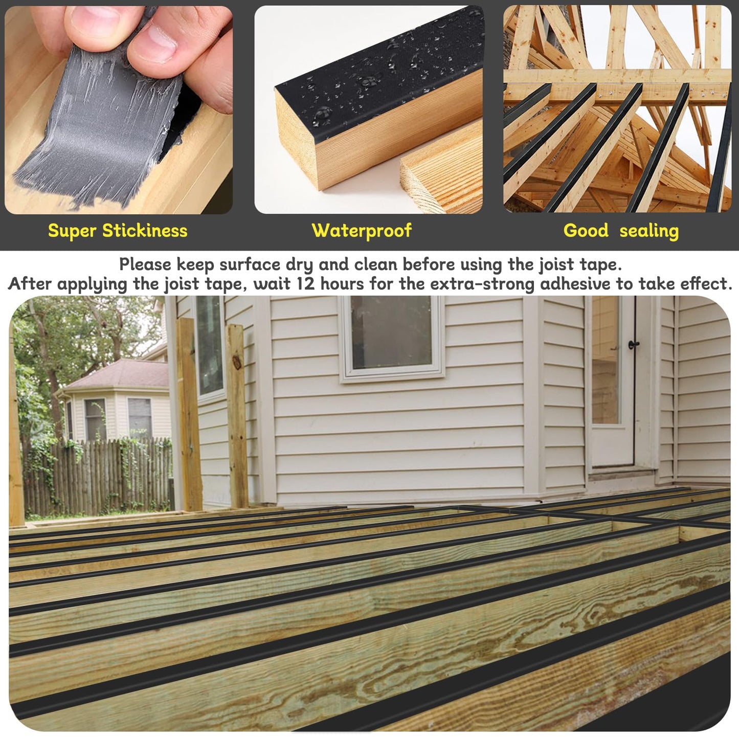Hanotic Joist Tape for Decking 2'' X 50', 6 Rolls Weather Resistance Butyl Tape, Waterproof and Anti-Corrosion, Self-Adhesive for Wood Joists Decks Beams Roof Rv