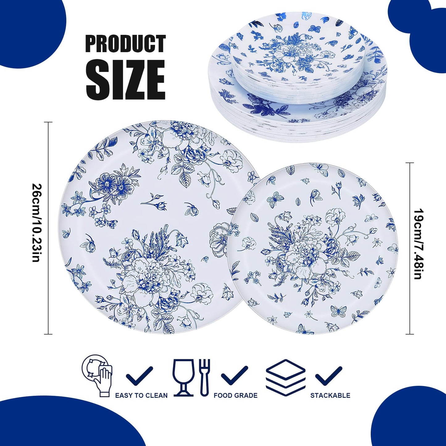100 Pcs Blue and White Floral Plastic Plates, Include 50 Dinner Plate 10.25" 50 Dessert Plate 7.5" Vintage Flower Disposable Plate for Weeding Bridal and Baby Shower Birthday Party Supplies
