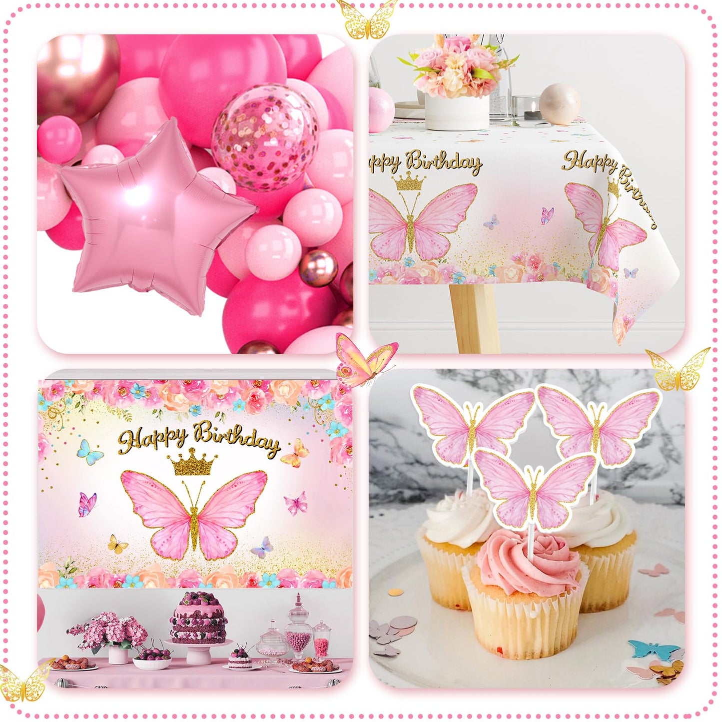 Pink Balloon Arch Kit with Foil Butterfly Balloons, Happy Birthday Backdrop & Tablecloth Decorations for Girl's Party - 106 Supplies