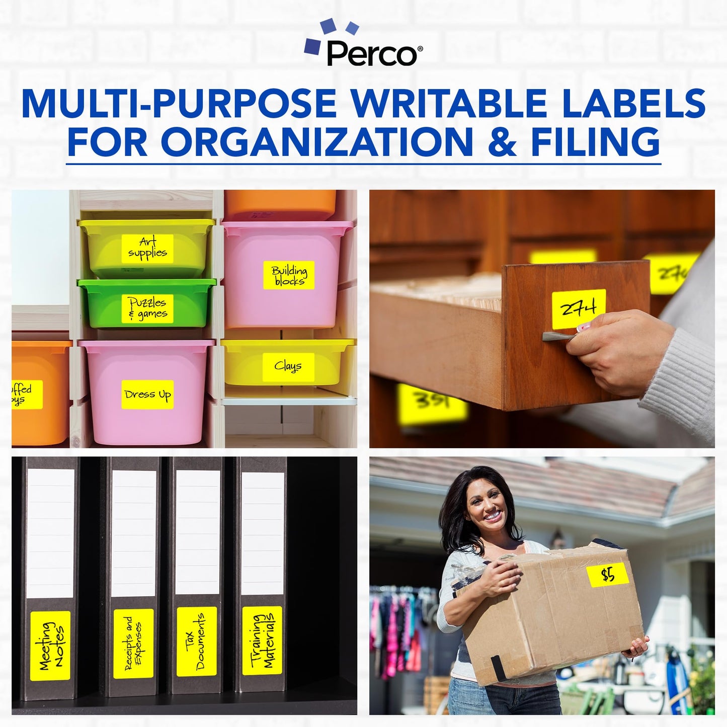 Perco Fluorescent Yellow Labels 7.6 cm x 12.7 cm 500 Stickers/Roll with Perforation for Easy Tear-Off and Strong Adhesion for Warning Labels, Shipping Notes, Reminders & Instructions — Made in USA