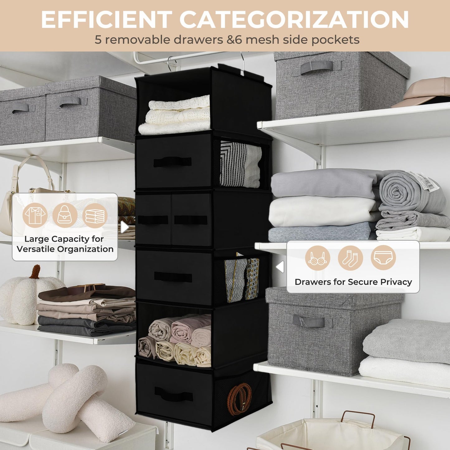 GRANNY SAYS Hanging Closet Organizer with Drawers, Rangement Garde Robe, Hanging Storage Organizer, Closet Organizers and Storage for Clothes, 1-Pack, 31 x 35 x 108.4cm, 6-Shelf, Black