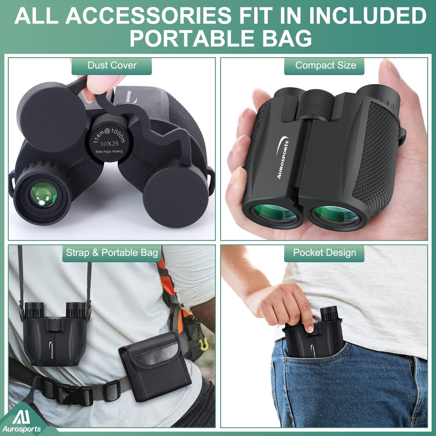 Aurosports 10x25 Binoculars for Adults Kids, Bright View Compact Binoculars with Weak Light Vision, Easy Focus Small Binoculars for Bird Watching Outdoor Sports Games Travel Hunting Hiking