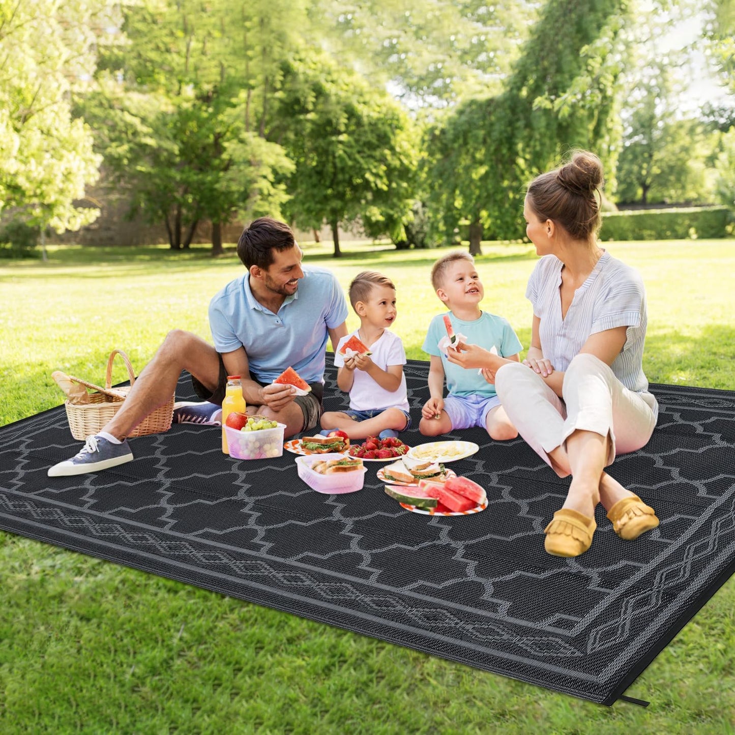Garvee Morocco Outdoor Plastic Straw Rug 6'x9', Patio Rugs for Camping, Reversible Outdoor Carpet for RV, Waterproof Geometric Mat for Picnic, Deck Balcony Porch Backyard,Black & Grey