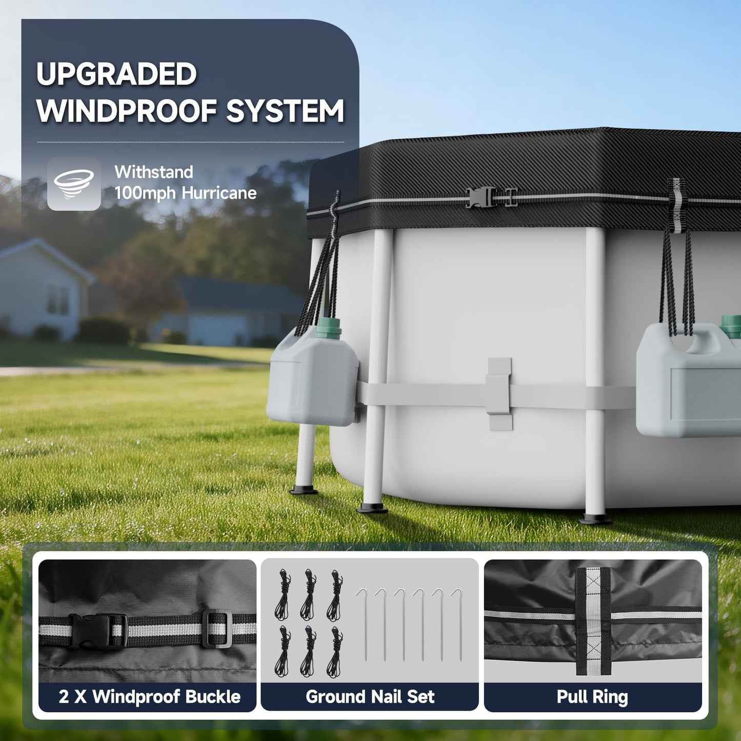 LXKCKJ 10X16 FT Pool Covers for Above Ground Pools, Solar Oval Pool Cover with Accessories Set, Integrated Design Rectangular Pool Cover Ideal for Waterproof, Dustproof, Windproof