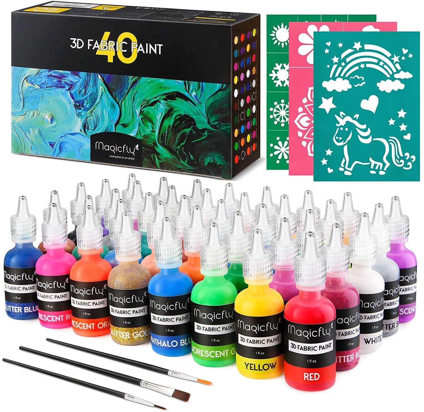 Magicfly 3D Fabric Paints, 40 Colors Puffy Paint Set with Fluorescent, Glow in The Dark, Glitter, Metallic Colors, Permanent Textile Paint for Clothing, T-Shirt, Glass, Wood