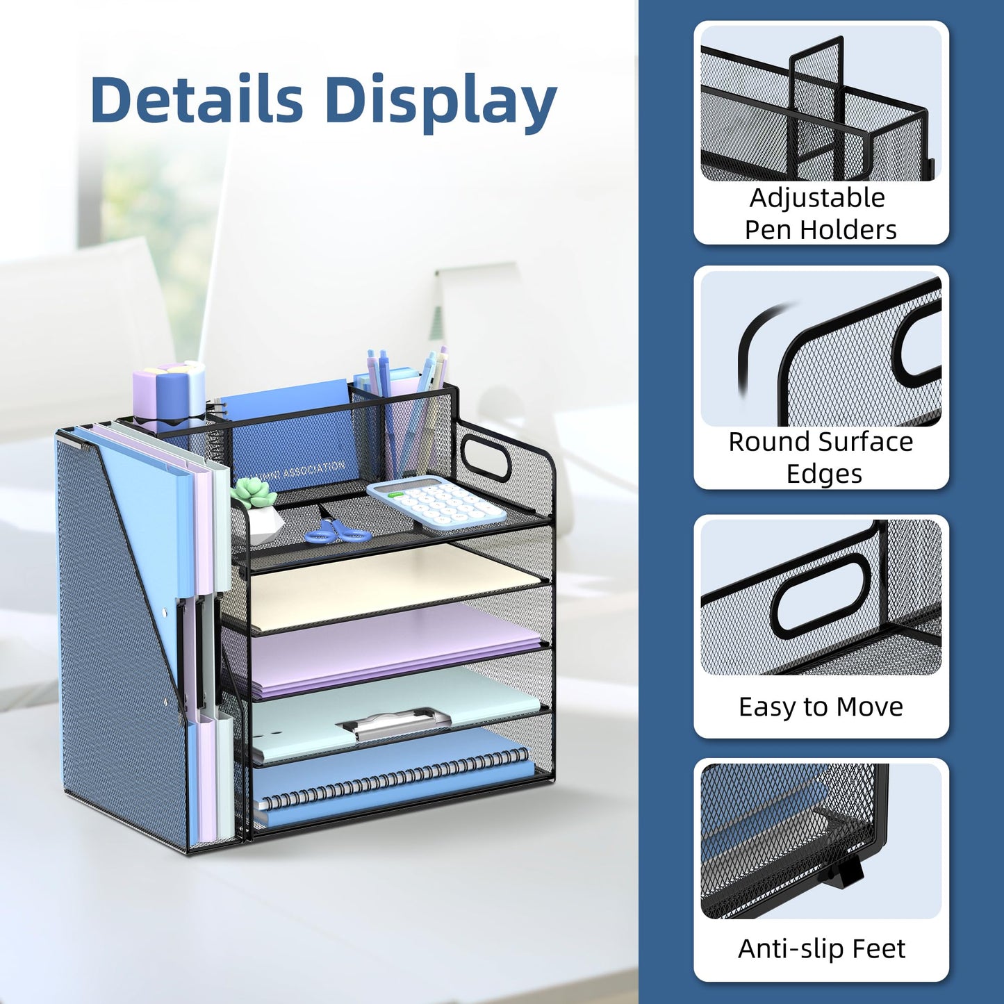 SUPEASY Desk Organizer with Magazine Holder, 5-Tier Paper Organizer for Desk Accessories with Pen Holder, Paper Letter Tray for Home, Office and School Supplies, Black