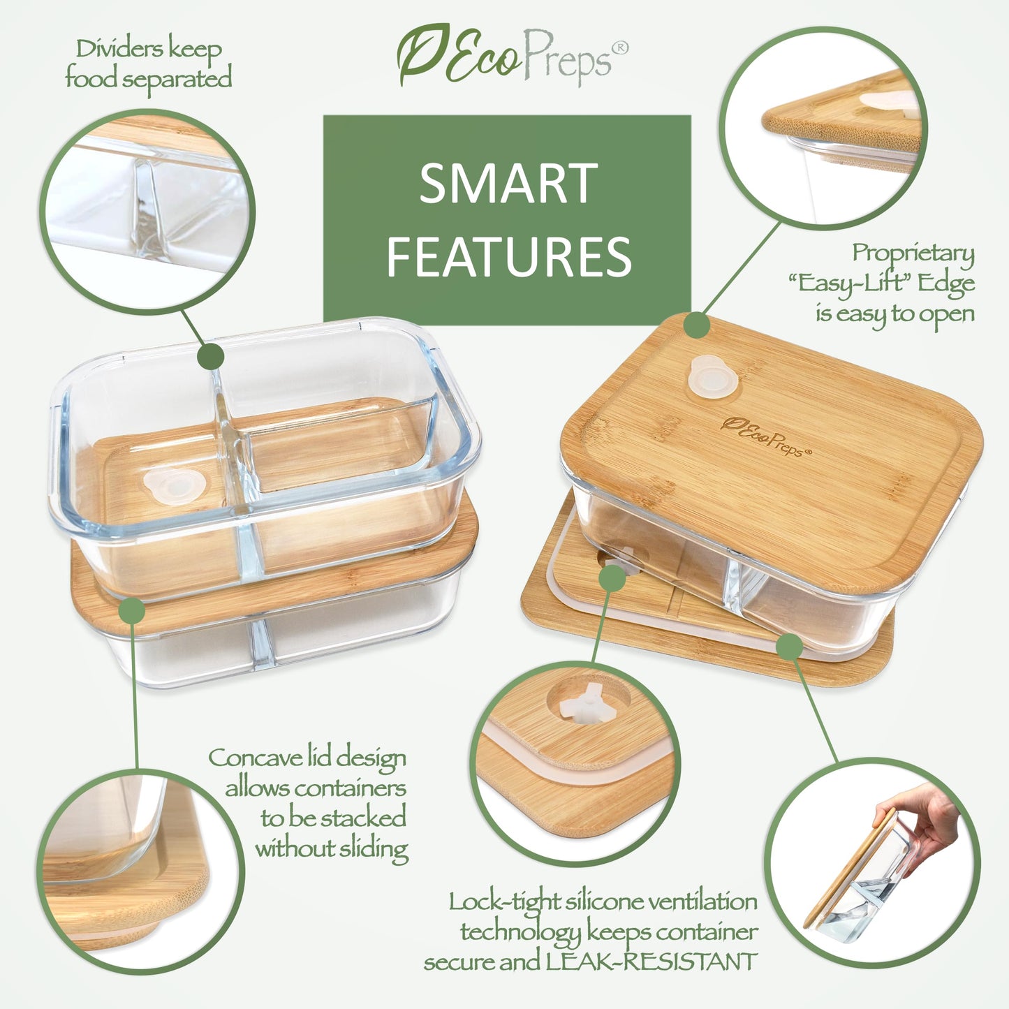 EcoPreps Glass Bento Boxes with Bamboo Lids, 3-Compartment Meal Prep Containers - 3 Pack, Eco-Friendly, Freezer Safe Glass Lunch Boxes
