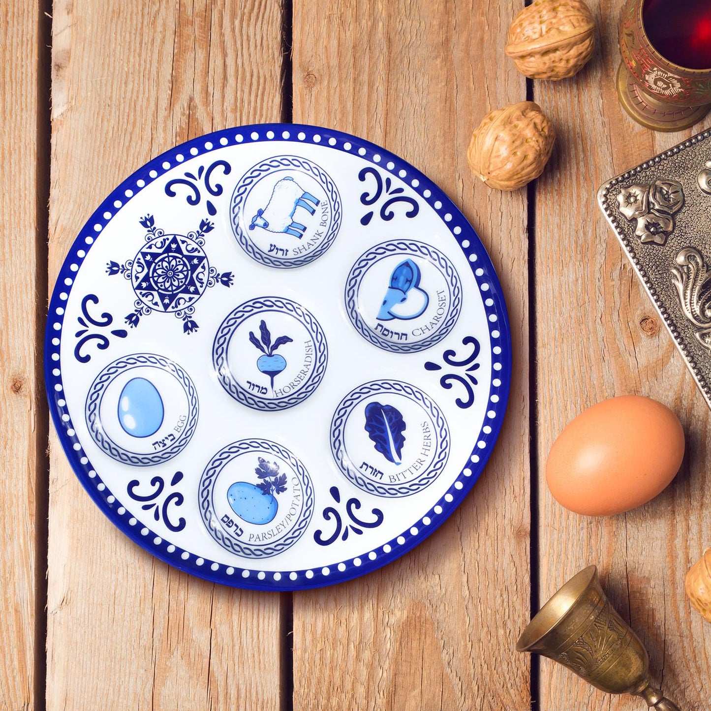 Jingmore 6 Pack Passover Decorations Seder Plates Plastic Pesach Plate Passover Seder Dish for Pesach Feast Party Favors 10 Inch (Blue Renaissance)