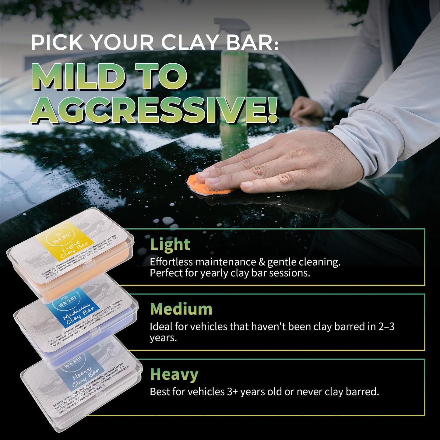 Magic Shield Triple Clay Bar with Spray – 100g Light, Medium & Heavy Bars + GlideTech Lubricant Spray | Professional Auto Detailing, Deep Cleaning & Shine Restoration
