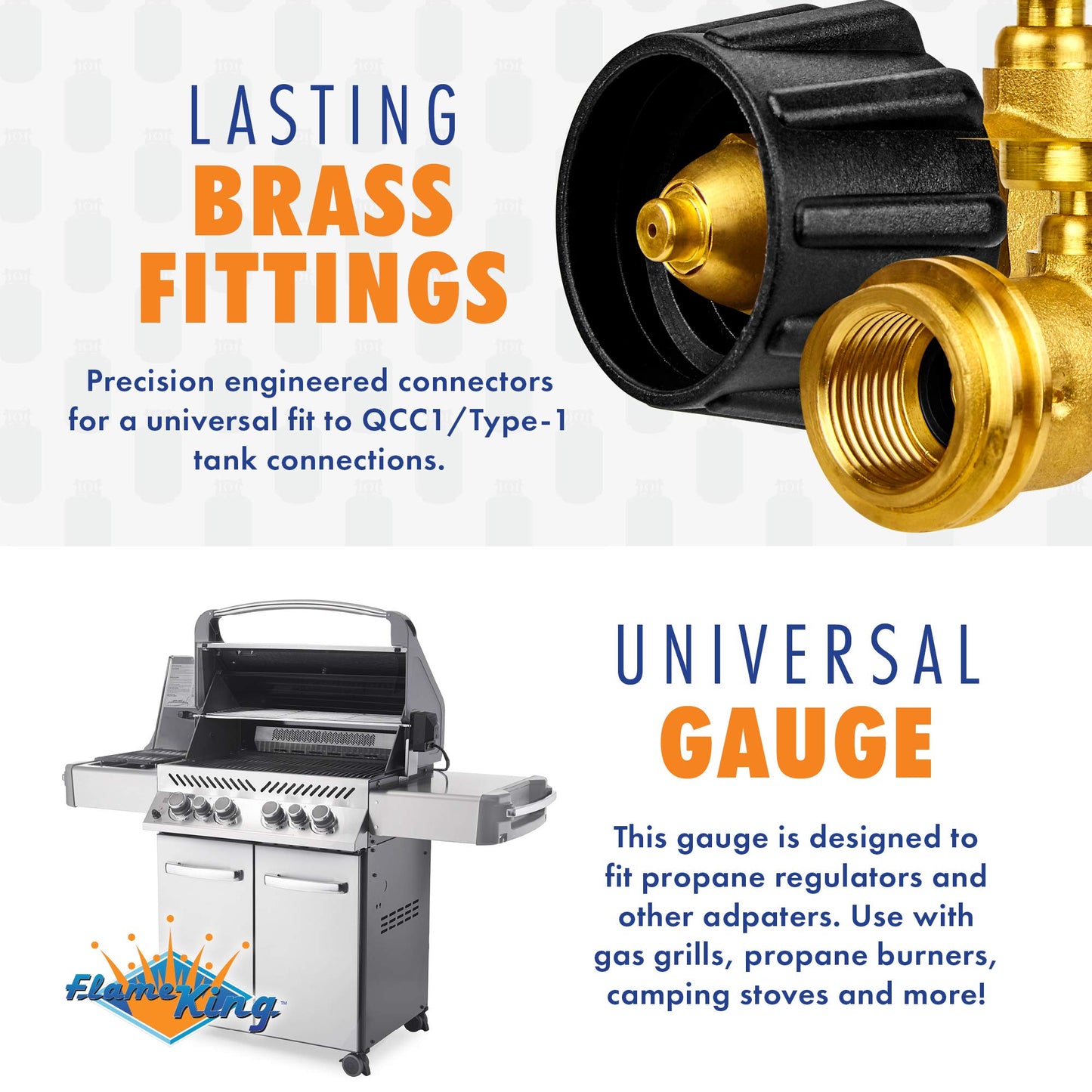 Flame King Propane Tank Gauge Level Indicator, Leak Detector Gas Pressure Meter, Color Coded & Glows in The Dark, Universal for All Cylinders, Solid Brass (2-Pack)