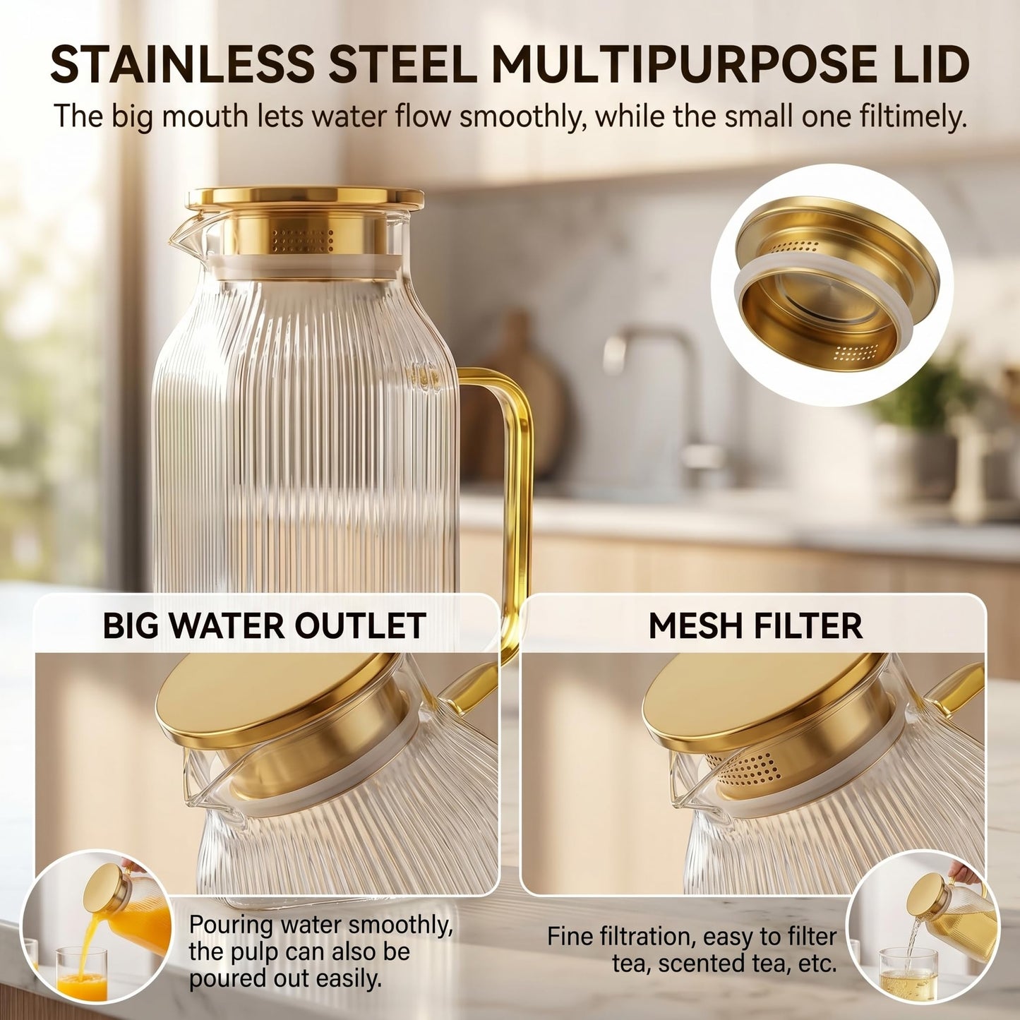 Doubleggs 2 Pack 2 Liter/68 oz Square Glass Pitcher with Lid, Classic Stripes Water Pitchers with Handle for Fridge, Borosilicate Glass Carafe for Iced Tea, Coffee, Hot and Cold Drinks