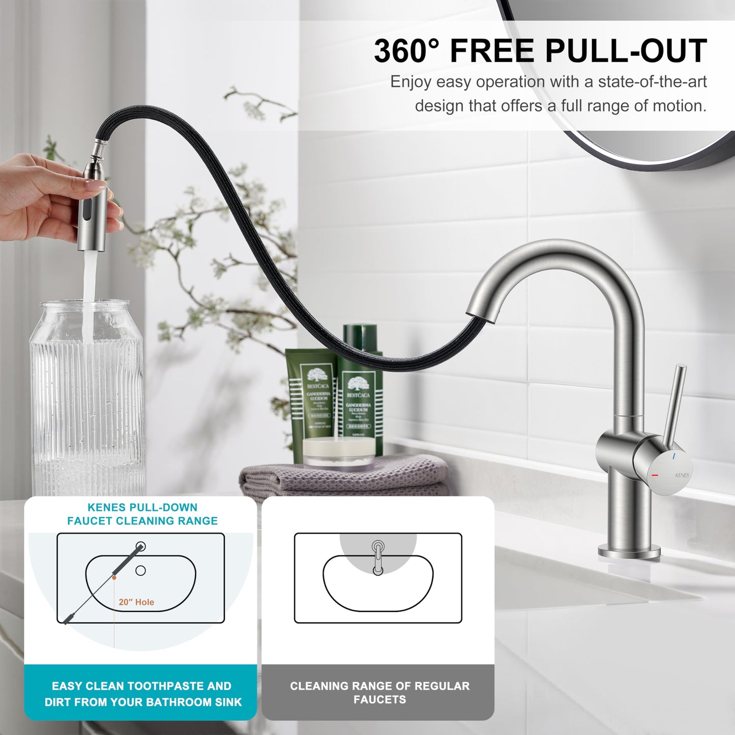 KENES Brushed Nickel Bathroom Faucet with Pull Down Sprayer, Single Handle Bathroom Sink Faucet with Pull Out Sprayer, Vanity Faucet with Pop Up Drain & Deck Plate, KE-9065B