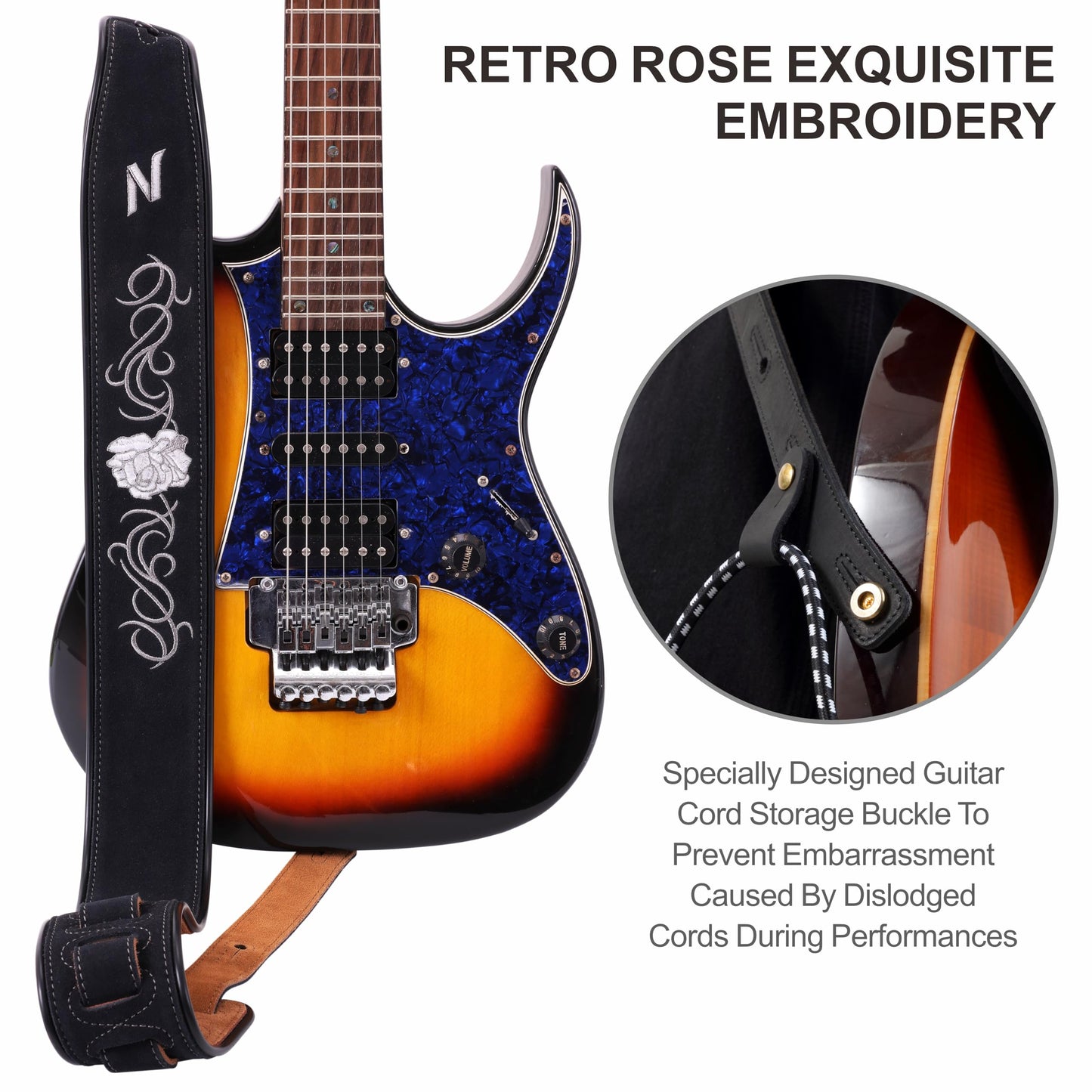 Nefelibata Guitar Strap with Vintage Rose Embroidery, 2.7" Wide Double Layer Bavarian Tumbled Cowhide Guitar Strap with Foam Padding for Kids, Male and Female Acoustic, Bass and Electric Guitars