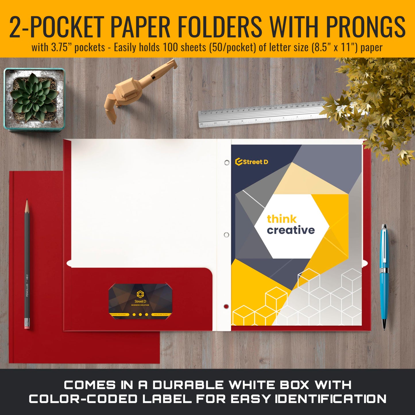 Better Office Products Plastic Folders, 50 Pack Red Paper Folders with Pockets & Folders with Prongs, Matte Texture, Letter Size, 3 Metal Prong Fastener Clips, Durable for Office, School, Filing