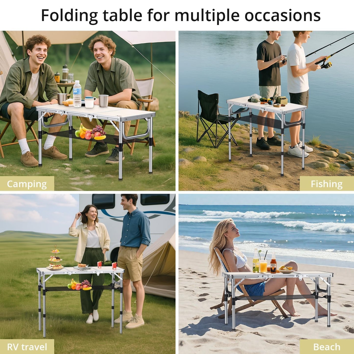 Anbte Camping Table, Camping Folding Table Aluminum Folding Table with 3 Adjustable Height Max 27.1 inch Portable Picnic Table with Storage Net and Bag for Outdoor, Backyard, 34.6" X 16", Silver