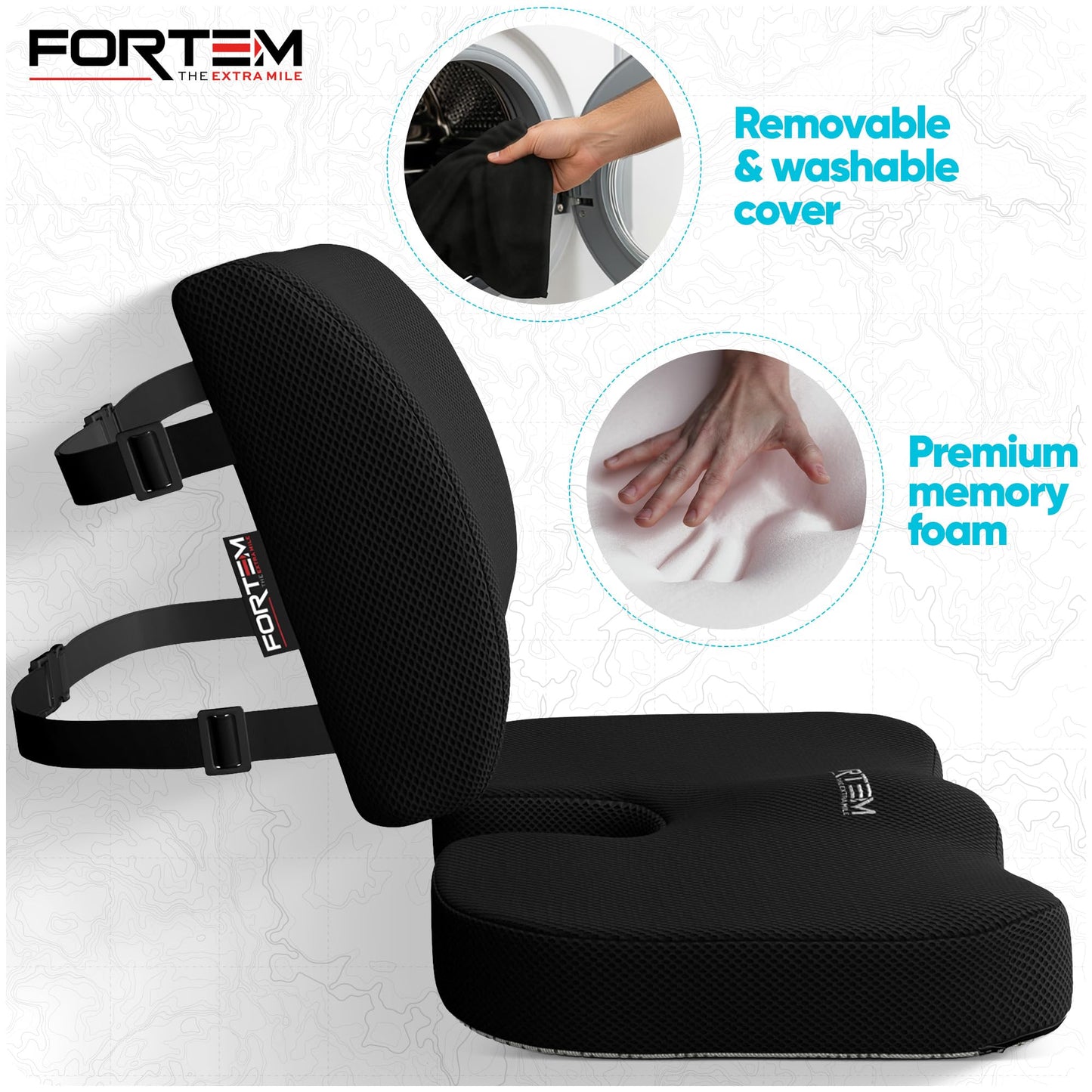 FORTEM Chair Cushion, Seat Cushion for Office Chair, Lumbar Support Pillow for Chair, Car Seat Cushion, Back Support Memory Foam Pillow Washable Cover (Black, Mesh)