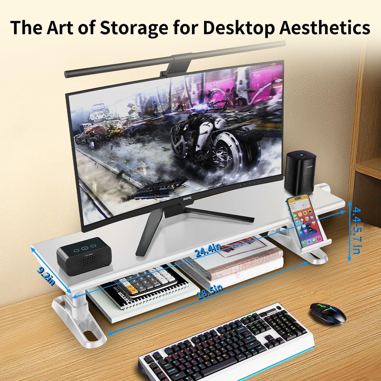 NIFBANG Computer Monitor Stand Riser for Desk,Multi-Purpose Desktop Organizer Monitor Stands Riser for Computer,,4.5-6.3 Inches Freely Height Adjustable with Cellphone Holder,Laptop,Printer,TV (White)