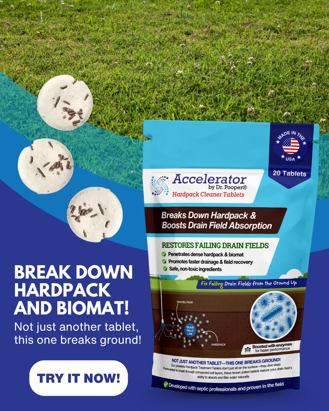 Accelerator by Dr. Pooper® – Hardpack Cleaner Tablets for Septic Systems | Breaks Down Hardpack & Boosts Drain Field Absorption | 20 Tablets - Use with our tool kit — available separately