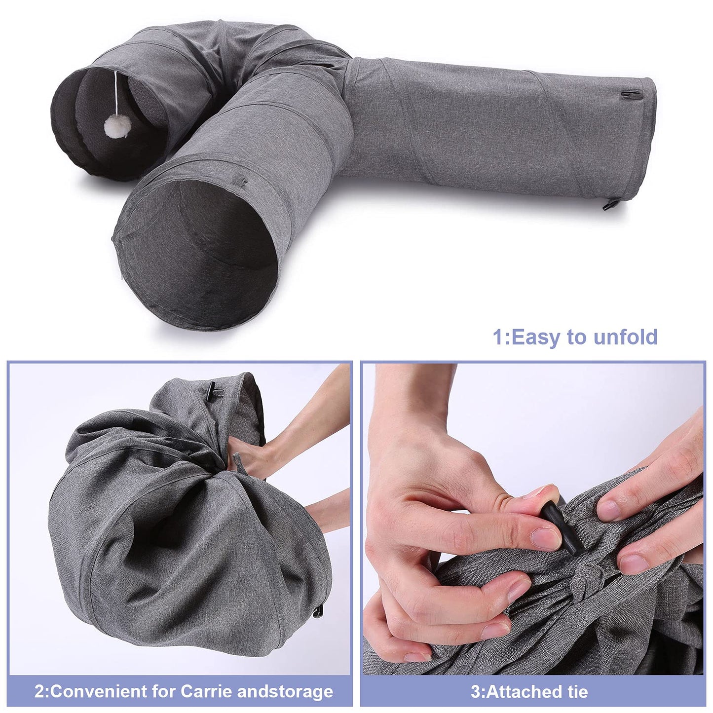 Ownpets Cat Tunnel Large 3 Way Collapsible Cloth Pet Tunnel Tube with Plush Ball & Feather Toy, U-Shaped Cat Play Tunnel for Indoor Cat, Puppy, Kitty, Kitten, Rabbit(Gray)