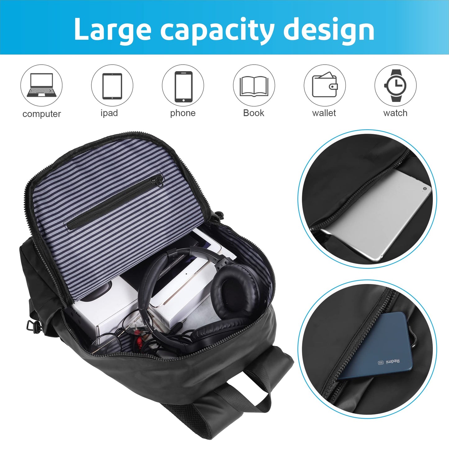 Jranter Casual Hiking Daypack Waterproof Bookbag Simple School College Bag Laptop Backpack Large Capacity, Black, Black, 11.22*17.3*4.92 inch (L*H*W), Daypack Backpacks School Backpack