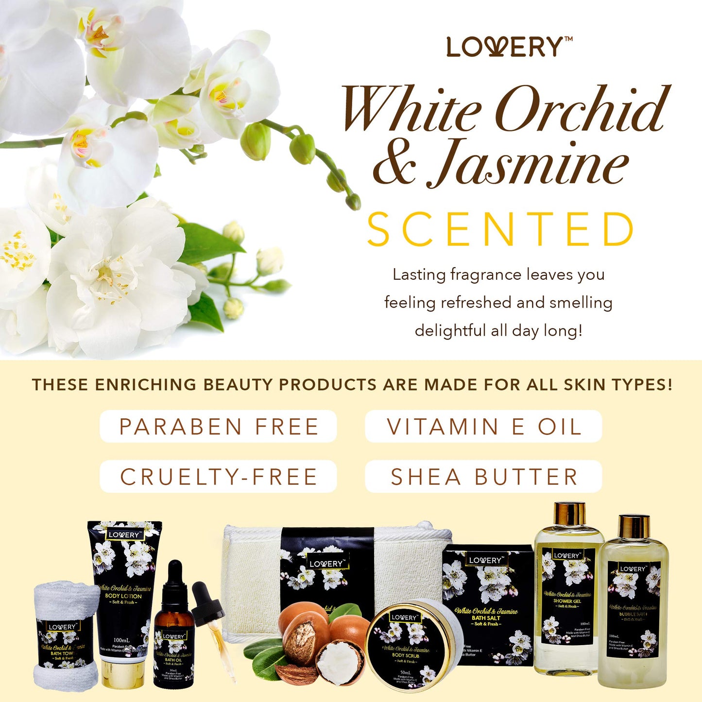 Bath and Body Gift Basket for Women – Orchid and Jasmine Home Spa Set With Body Scrubs, Oils and Gels - 9 Piece Set