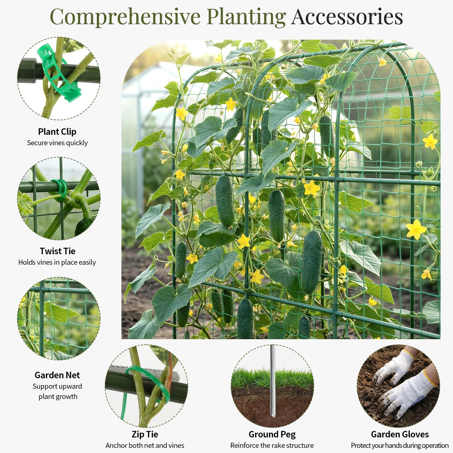 Housolution Cucumber Trellis for Raised Bed, 67"×48" U-Shape Garden Trellis for Climbing Plants Outdoors with 2×3m Net for Tomato Squash Zucchini Peas Beans Grape Fruit Flowers, Green
