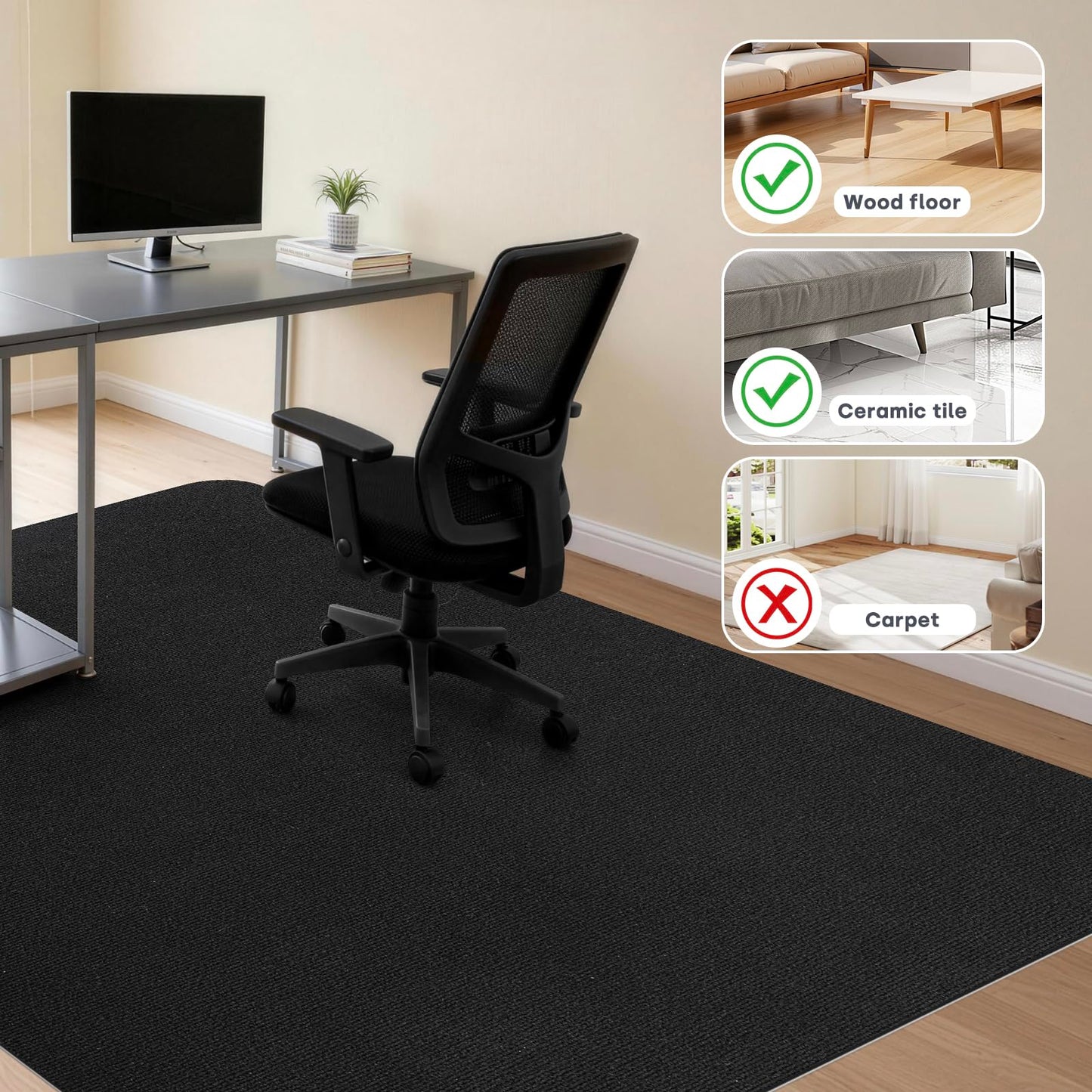SHIEN Office & Gaming Chair Mat 140 X 160cm - PVC Carpet Floor Mat Non Slip, Desk Chair Floor Protector Rug Pad, Indoor Computer Chair Mat for Hardwood Floors & Home Office Use (Black, 140 * 160cm)